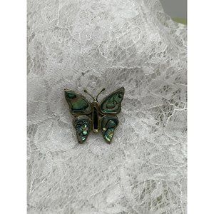 Antique Mexico Alpaca Silver Abalone Inlay Sterling Silver Butterfly Brooch